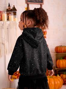 Young Girls Halloween Graphic Print Black Loose Pullover Sweatshirt - Black - View 2