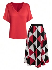 Plus Size 2pcs V-Neck Short Sleeve Simple Top And Allover Print Mini Skirt Casual Set - Red - View 1