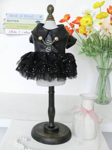 PETSIN 1pc Pet Black Sequin Patchwork Mini Skirt, Motorcycle Style Casual Dog Dress For Winter