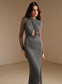 Anewsta Vestido transparente de manga larga con detalles de strass - Gris - Ver 5