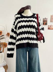 Soleia Áo len dệt kim dài tay kẻ sọc đen trắng cỡ lớn WYWH cho kỳ nghỉ dành cho nữ - Đen và trắng - Xem 5