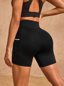 Exploreva Quần short thể thao lưng cao màu trơn dành cho nữ - màu đen - Xem 6