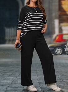 EMERY ROSE Conjunto de 2 piezas de talla grande, casual, con bloque de color y rayas, de manga larga para primavera/otoño