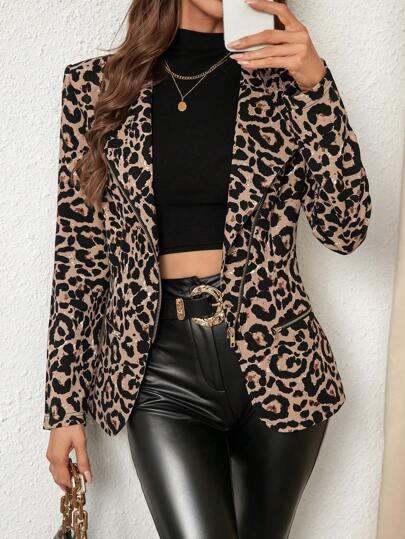 Firerie Chaqueta regular con cremallera metálica asimétrica de manga larga con estampado de leopardo para mujeres