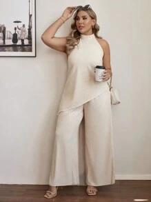 Flirla Cămașă Texturată Asimetrică și Pantaloni Texturați De Femei Dimensiuni Plus - Caisă - Vizualizare 3