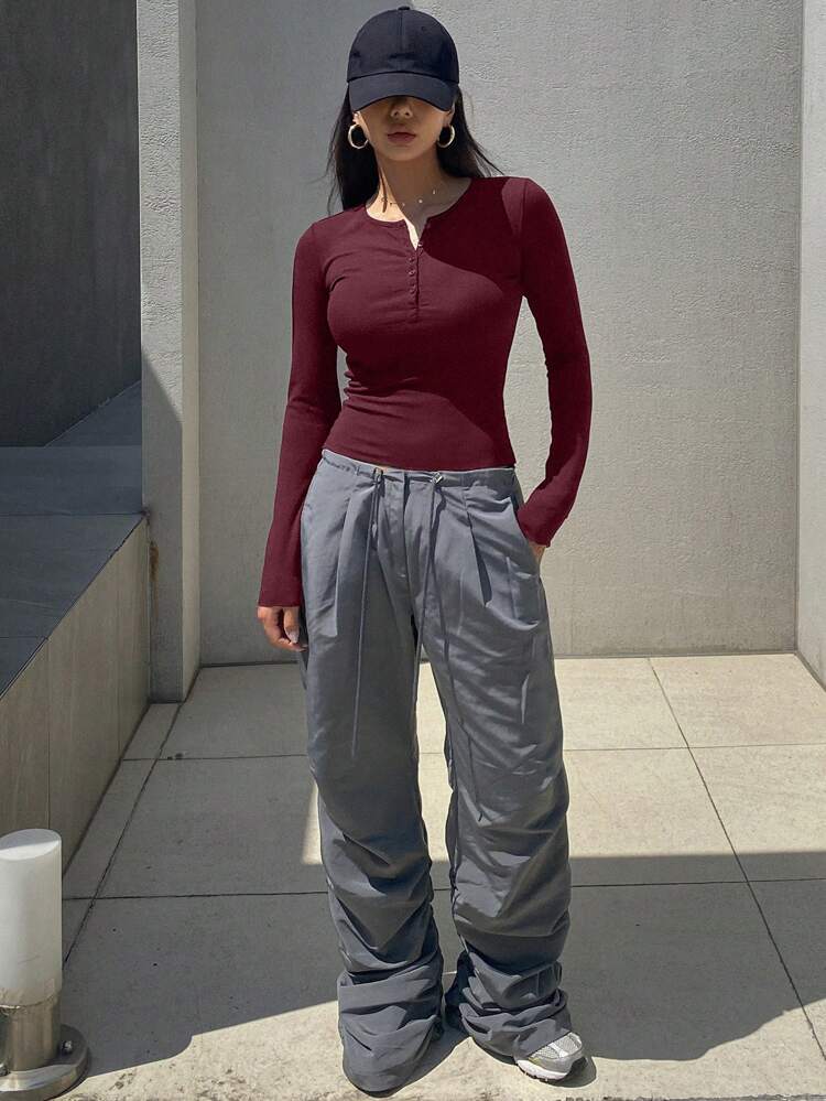 Women's Solid Color Button Half Placket Casual Long Sleeve T-Shirt, Spring & Summer,Fall Clothes Preppy Tops