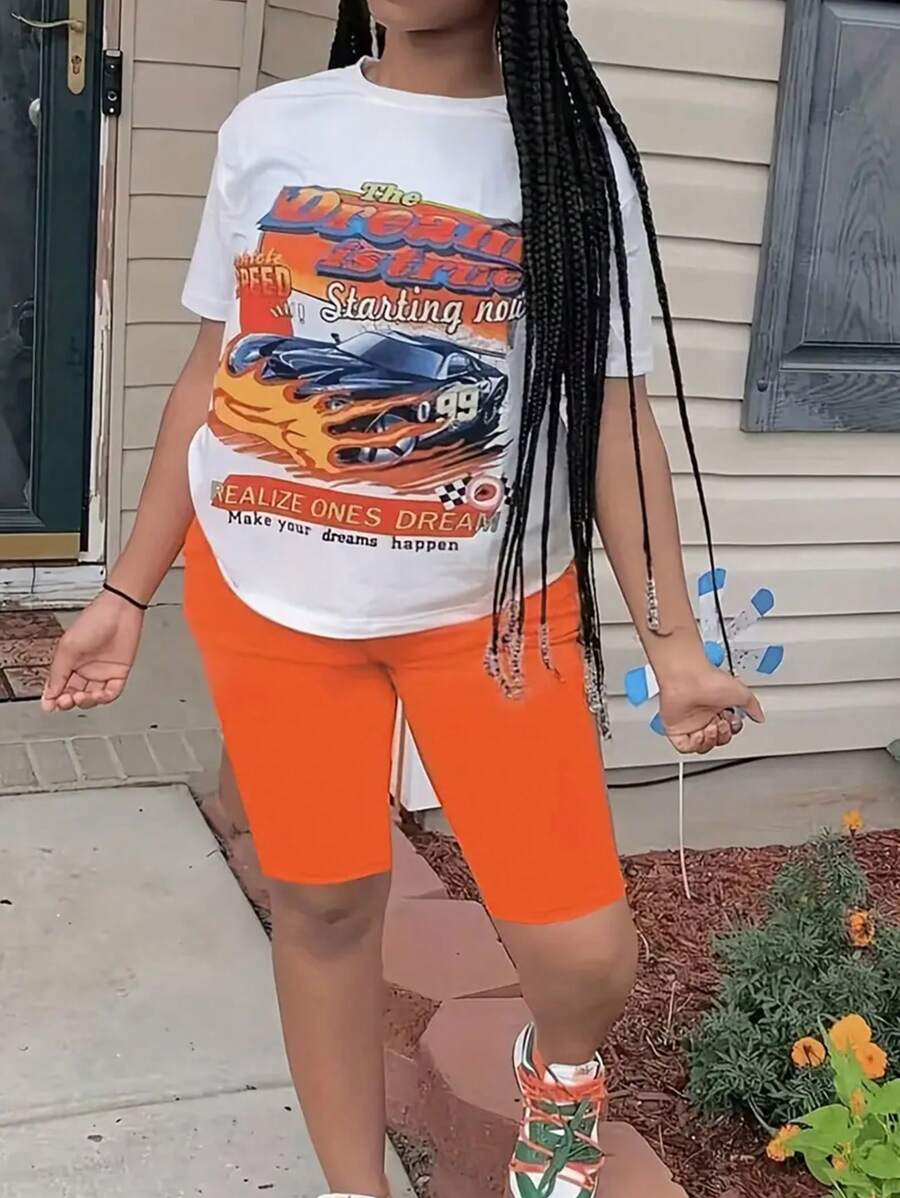 INAWLY Women Summer Alphabet Car Print Round Neck Short Sleeve Casual T-Shirt And Shorts Set - Multicolor - View 1