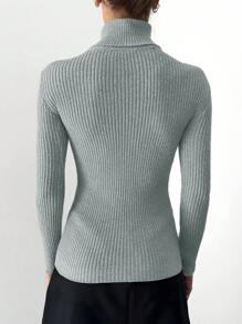 EURMUSE Women's Solid Color Minimalist High Collar Long Sleeve Sweater - Grey - View 2
