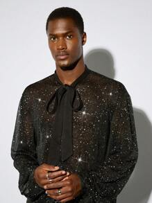 Manfinity VCAY 1pc Quần áo Y2K nam vui nhộn giản dị hợp thời trang đường phố cổ điển sequins dây buộc áo sơ mi dài tay có thể nhìn thấy quần áo mùa thu quần áo Halloween - màu đen - Xem 6