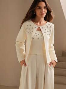 Anewsta BEADED RHINESTONE KNIT CARDIGAN - Apricot - View 7