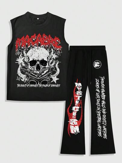 ROMWE Avant 2pcs Men's Printed Tank Top And Shorts Set, Suitable For Spring & Summer