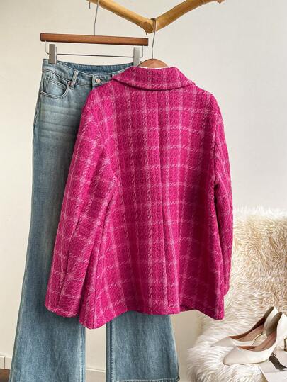 SHEIN Privé Plus Size Elegant Office & School Fashion Vintage Plaid Long Sleeve Warm Winter Blazer Jacket