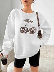 SHEIN EZwear 休闲简约豹纹樱花印花白色圆领长袖厚宽松女式运动衫，秋冬，长袖上衣 - 白色 - 查看 5