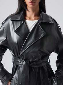 LYSMO Women's Solid Color Minimalist Everyday PU Long Trench Coat - Black - View 5