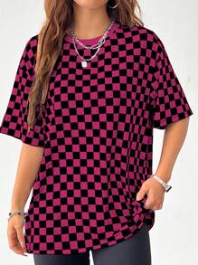 SHEIN EZwear 休闲简约黑粉色格纹圆领短袖宽松T恤女夏季 - 彩色 - 查看 4