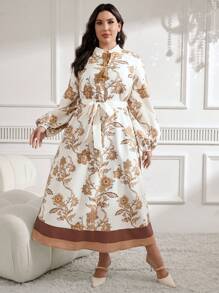 Mulvari Váy chắp vá in họa tiết tay dài buộc phía trước cỡ lớn, đi nghỉ thường ngày - Cà phê nâu - Xem 5