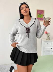Flirla Plus Size Women V-Neck Tie-Front Drop Shoulder Long Sleeve Casual Knit Pullover Sweater Knit Pullover Fall Winter - Light Grey - View 4