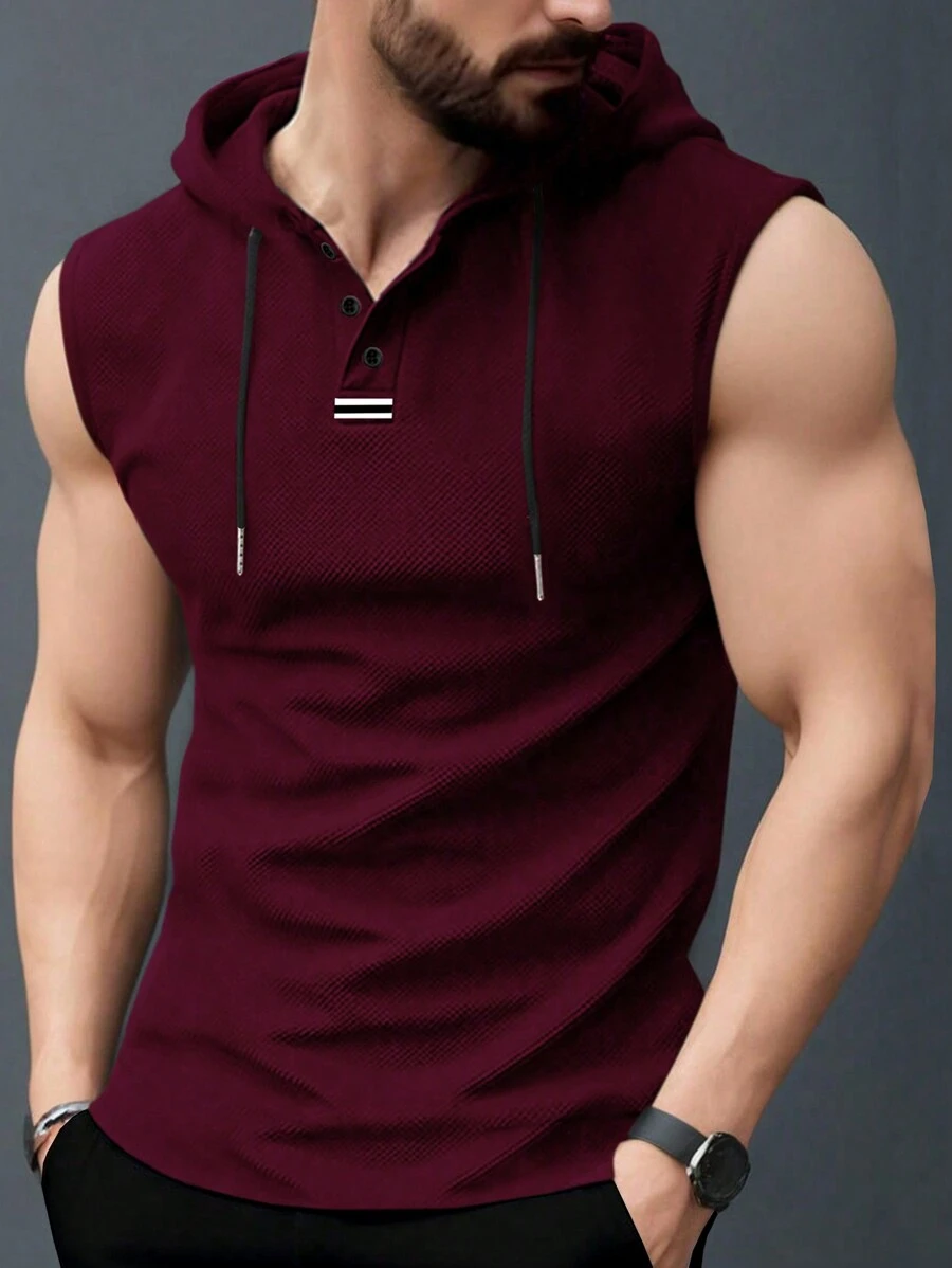 Manfinity Homme 男式抽绳无袖连帽休闲背心 - 酒紅色 - 查看 1