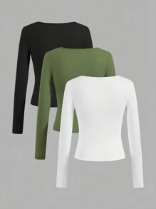 SHEIN EZwear 3 件套女士短款上衣和长袖休闲修身 T 恤，适合夏季和秋季 - 彩色 - 查看 2