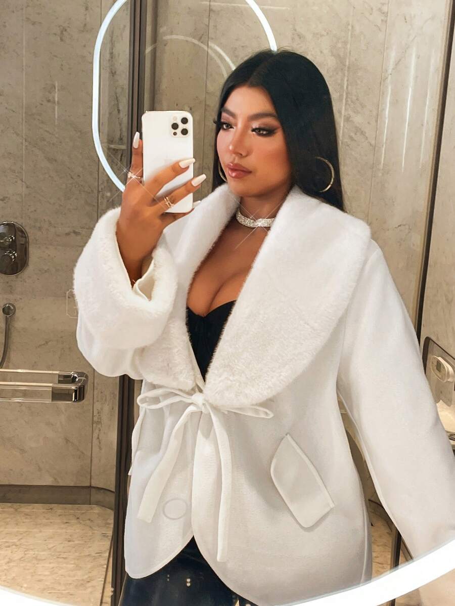 SHEIN Unity Plus Size Women Stand Collar Fur Trim Cardigan Coat For Autumn/Winter - White - View 1