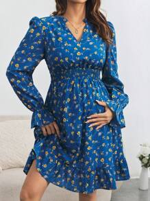 SHEIN 孕妇碎花缺口领褶皱腰连衣裙 - 藍色 - 查看 3