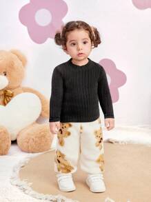SHEIN 2 piezas Conjunto de invierno informal para bebé niña con suéter y pantalones con estampado de dibujos animados esponjoso