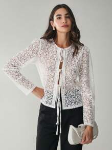 Enchnt 女士秋季浪漫白色蕾丝休闲系带秋季长袖衬衫、秋季上衣 - 白色 - 查看 5