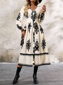 SHEIN Clasi Women's Elegant Black & White Floral Print V-Neck Waist Cinched A-Line Dress - Black and White - View 7