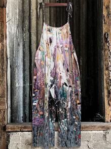 Plus Size Women Graffiti Print Loose Sleeveless Jumpsuits, Summer