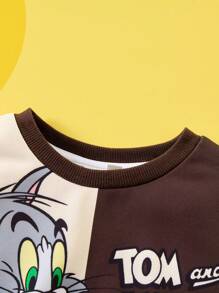 TOM & JERRY X SHEIN 2pcs/Set Young Boy Casual Cartoon Animal Print Brown Colorblock Sweatshirt And Sweatpants Set, Spring & Autumn Tracksuits - Brown - View 4