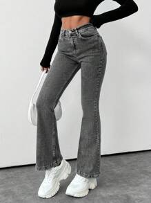 SHEIN PETITE 98% CottonWomen's Mid-Rise Flare Slightly Stretchy Washed Plain Denim Jeans - Grey - View 3