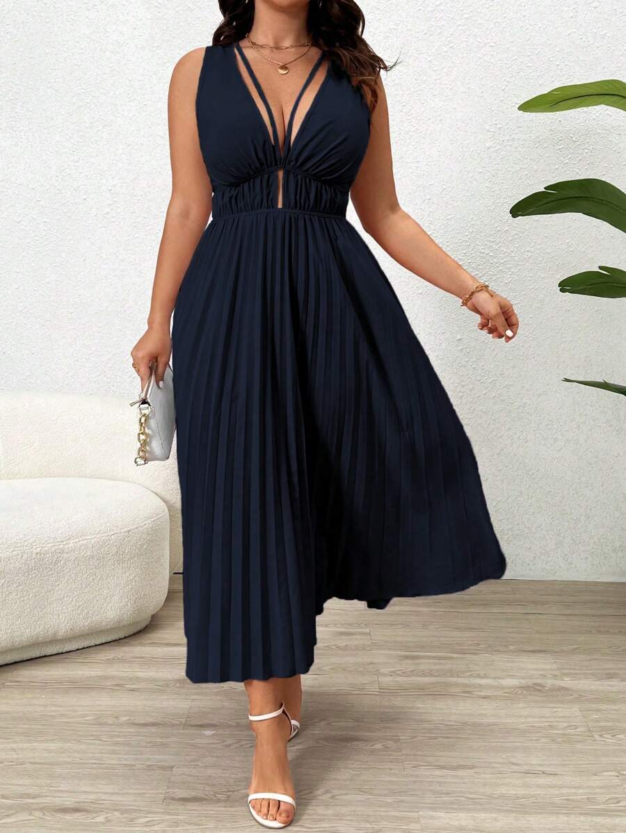 SHEIN Clasi 加大码纯色无袖后系带褶饰镂空长裙超长女装 - 寶藍色 - 查看 1