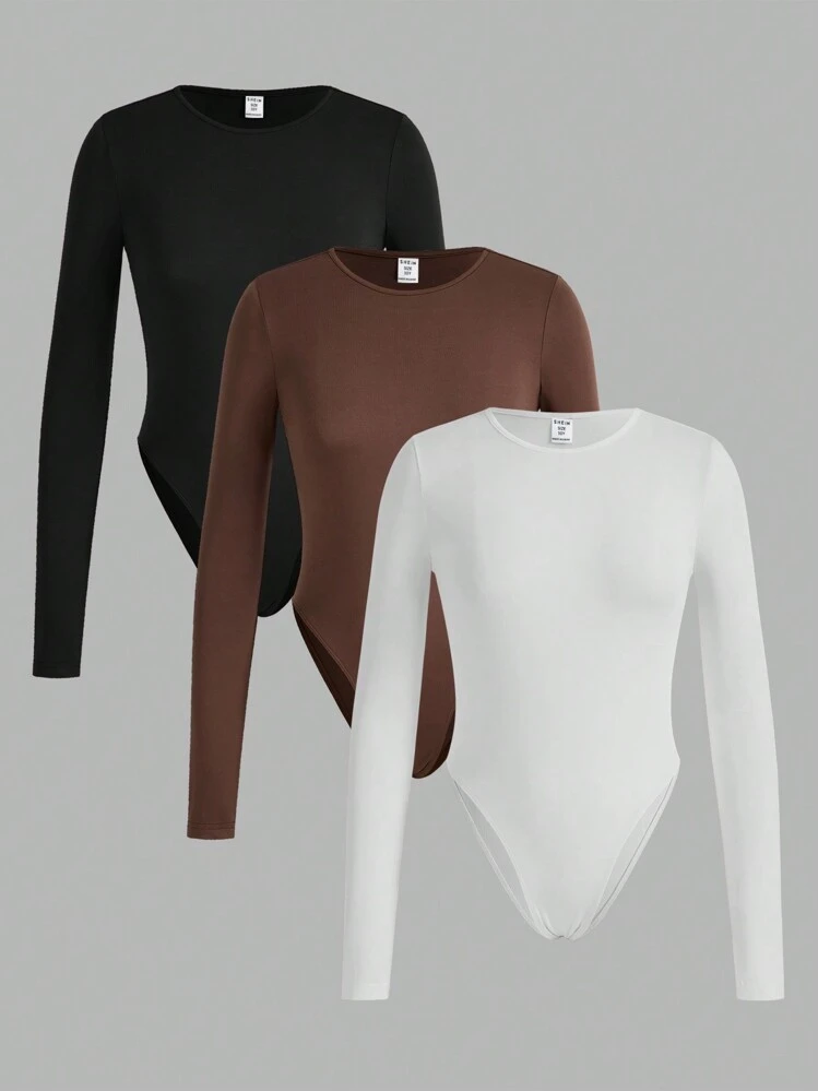 SHEIN Girlism Conjunto de body de manga larga de cuello redondo minimalista y cómodo para niña preadolescente - Multicolor - Añade 1