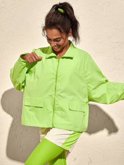 VARSITIE 户外徒步宽松纯色霓虹绿色休闲女士运动夹克运动夹克
