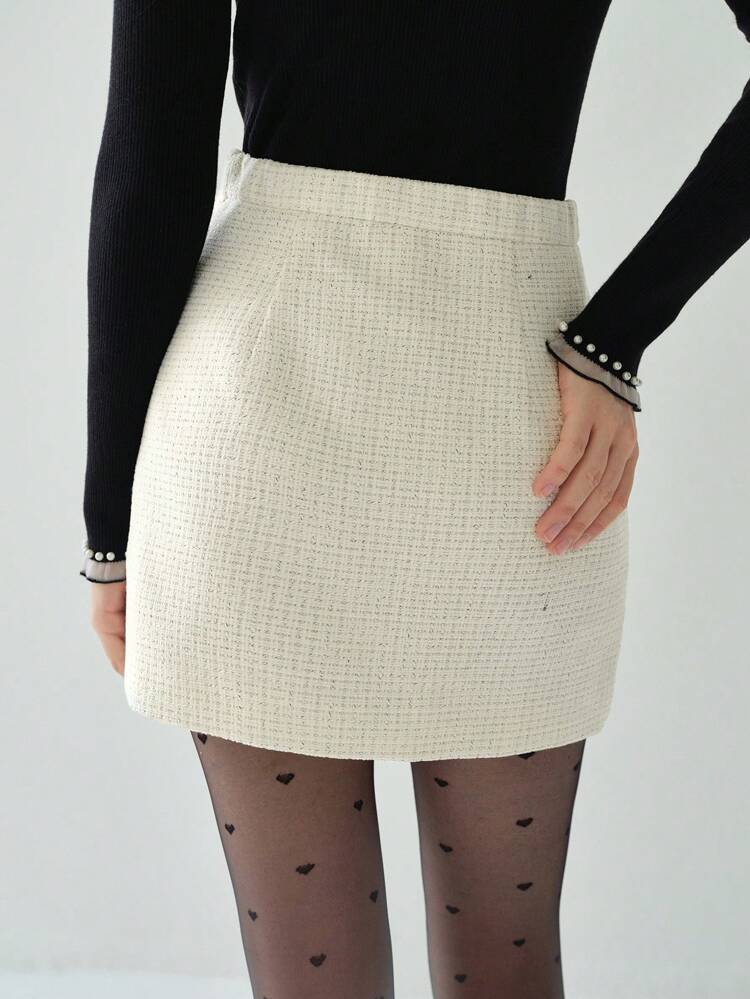 Autumn Romantic Retro Tweed Contrast Color Double Pockets Everyday Elegant Skirt