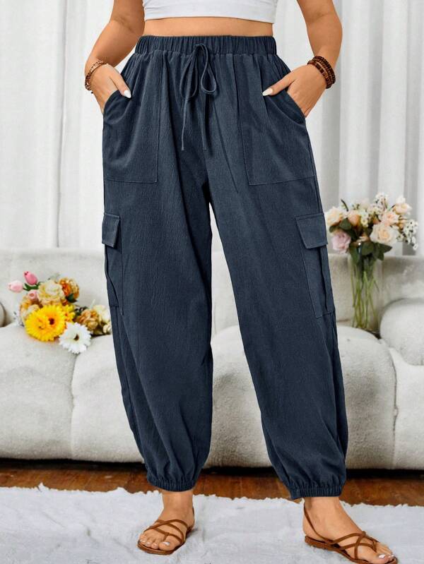 SHEIN Holidaya Plus Size Women's Solid Color Simple Daily Drawstring Pants