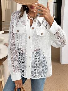 SHEIN Frenchy Hollow Lace Patching Out Solid Drop Shoulder Coat, Fall Women Clothes, Button Front Fall Women Tops, Women Cardigans, Fall Women Outfits, Long Sleeve Women Shirts