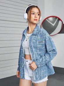 Loose Denim Shirt Jacket For Teen Girl - Light Wash - View 5