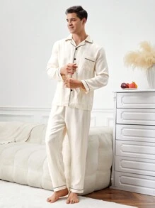 2pcs Men's Contrast Binding Pajama Set - Long Sleeve Top And Pants - Champagne - View 3