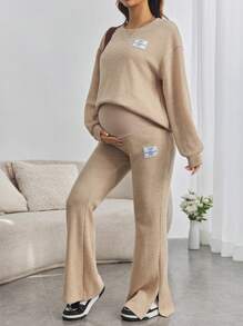 SHEIN Zwangerschaps- en tienermeisjes Losse letter gepatchte drop shoulder top met lange mouwen en uitlopende pijpen, broek 2-delige set