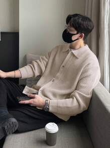 DAZY 男士纯色宽松休闲开衫长袖秋季夹克 - 杏色 - 查看 2