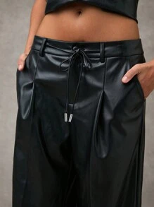 SHEIN BAE Pantalones de moda rectos y sueltos de unicolor con bolsillos de PU para mujer - Negro - Ver 4