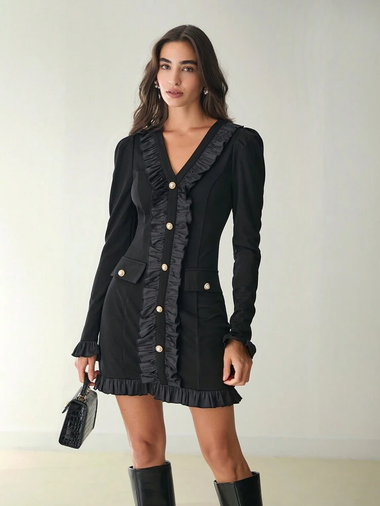 Romantic Autumn Women's Clothing, French Metal Button Frill Trim Casual Short Long-Sleeved V-Neck Dress, Autumn Dress, Autumn And Winter