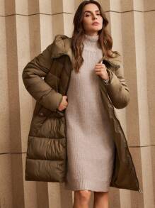 Anewsta Veste beige à capuche longue pour femmes avec couture horizontale