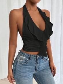 Allurite Women Deep V Neck Tie Strap Solid Color Camisole - Black - View 3
