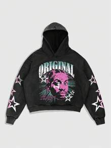 ROMWE MEN Street Life Áo hoodie tay dài in họa tiết Pentagram axit giặt dành cho nam, phong cách đường phố, màu đen - màu đen - Xem 1