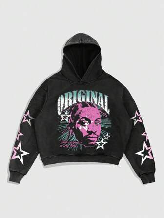 Street Life Sudadera con capucha de manga larga con estampado de pentágono y copo de nieve para hombre, color negro