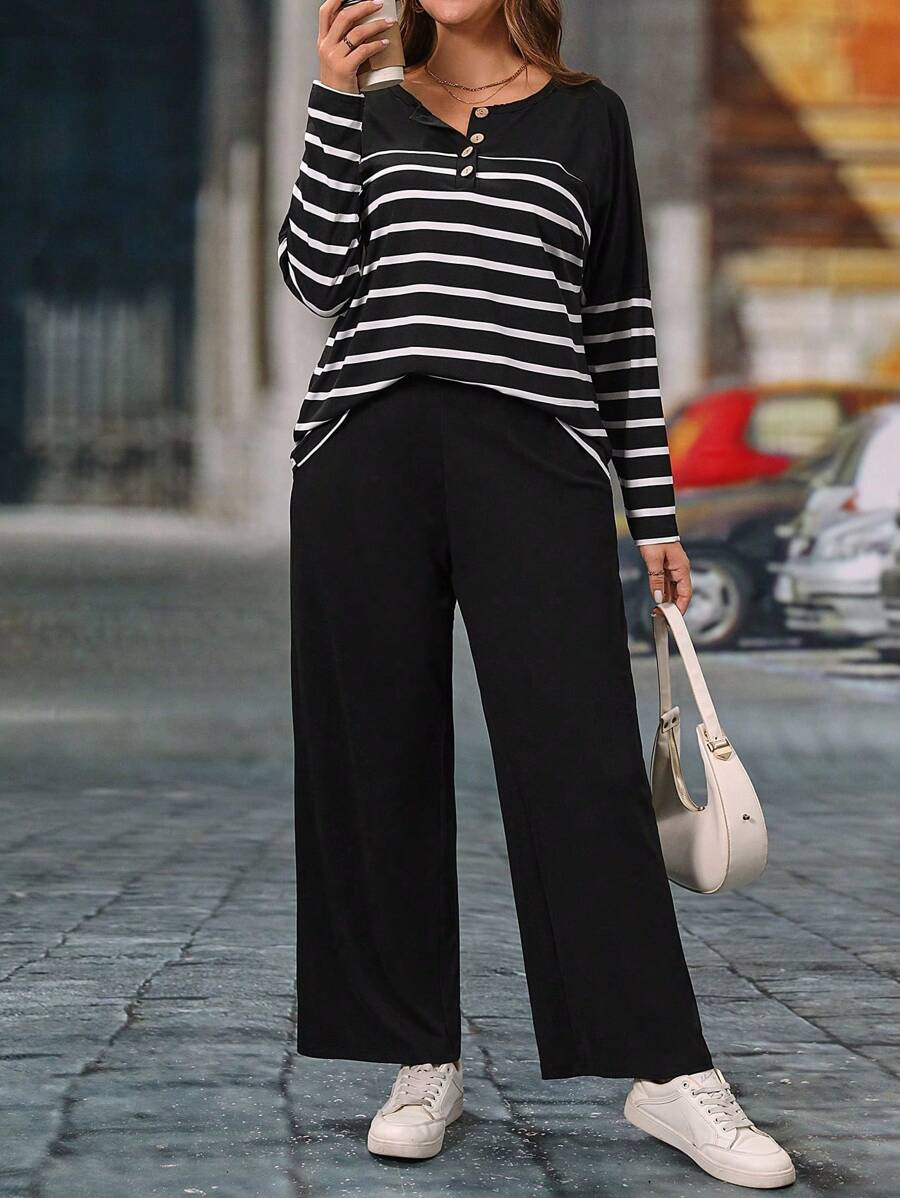 EMERY ROSE 2-Piece Plus Size Spring/Autumn Casual Colorblock Striped Long Sleeve Top And Pants Set Fall Cloth For Women - Black and White - View 1