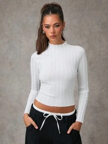 SHEIN BAE Women's Solid Crew Neck Long Sleeve Casual Sweater Fall Women Sweaters Fall Women Clothes Fall Tops Long Sleeves Woman Winter Women Clothes Fall Women Tops White Turtleneck Winter Tops Winter Clothes Long Sleeve Women Tops Halloween Sweater - White - View 2