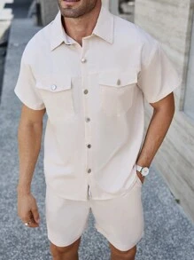 Manfinity Homme 男士纯色短袖衬衫带口袋和短裤休闲两件套，夏季 - 米色 - 查看 5
